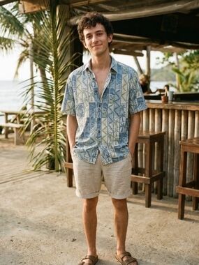 Vintage Kahala Reverse Print Hawaiian Shirt Small EUC Pastel Blue Patchwork Surf